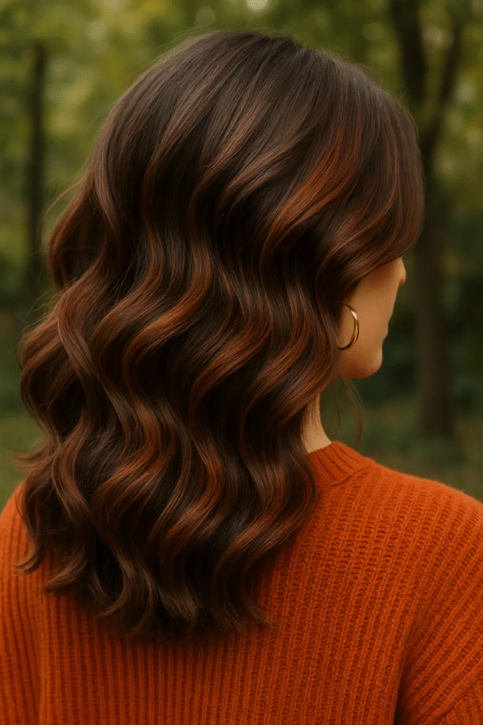 Mocha brown and auburn hair color blend for rich seasonal warmth