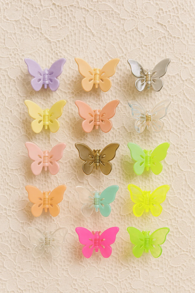 Variety of butterfly clips hair accessories in trendy 2025 colors.
