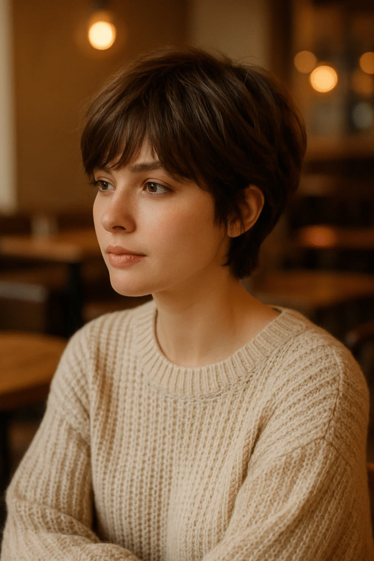 Grown-out short pixie cut hairstyle with soft layers and fringe