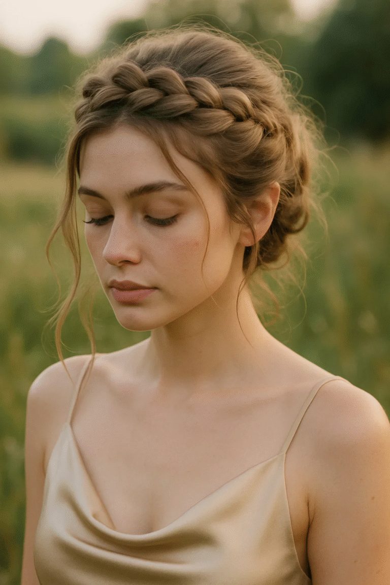 Modern Dutch crown braid with volume and face-framing strands