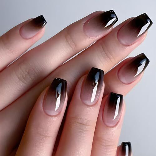 Short square nails with a sheer nude base and deep espresso ombré tips, glossy finish.