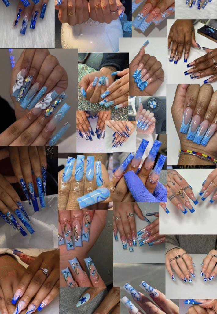 Collage of blue acrylic nail designs: long square/coffin sets with ombré tips, chrome cat-eye, rhinestones, 3D flowers, swirls, and stars.