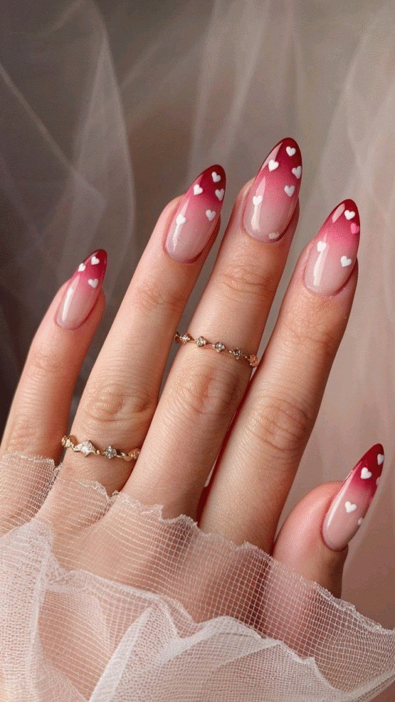 Cherry ombré nails with tiny white hearts scattered on the tips—romantic gradient effect.