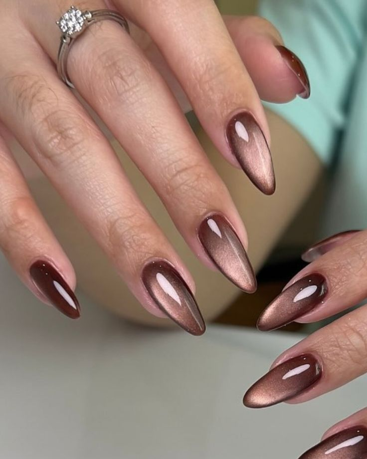 Almond nails in warm cocoa brown Glazed with high gloss