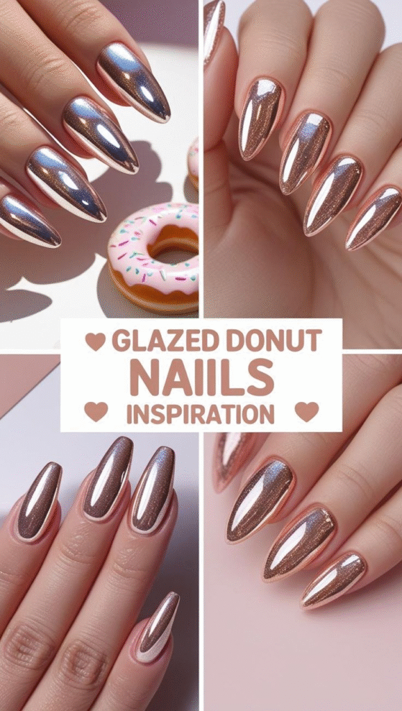 Collage of rose-gold glazed donut nails—long almond shapes with pearly chrome shine—titled “Glazed Donut Nails Inspiration,” with a sprinkled donut prop.
