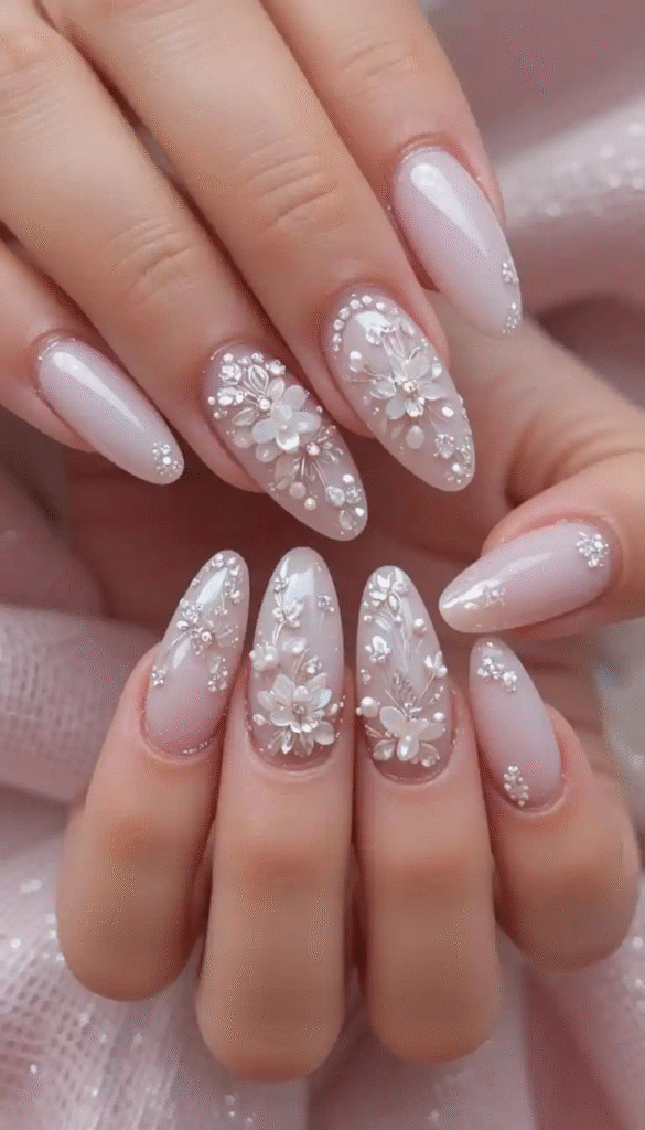 Almond bridal nails with milky base, 3D white flowers and pearl accents; high gloss.