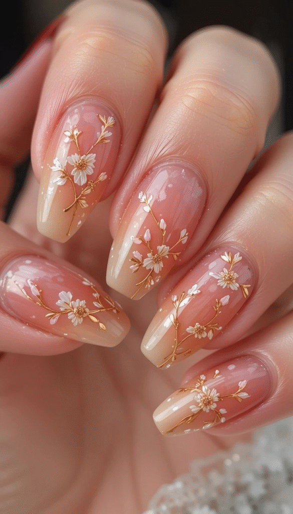 Square nude ombré nails with tiny white daisies and fine gold vines; glossy top