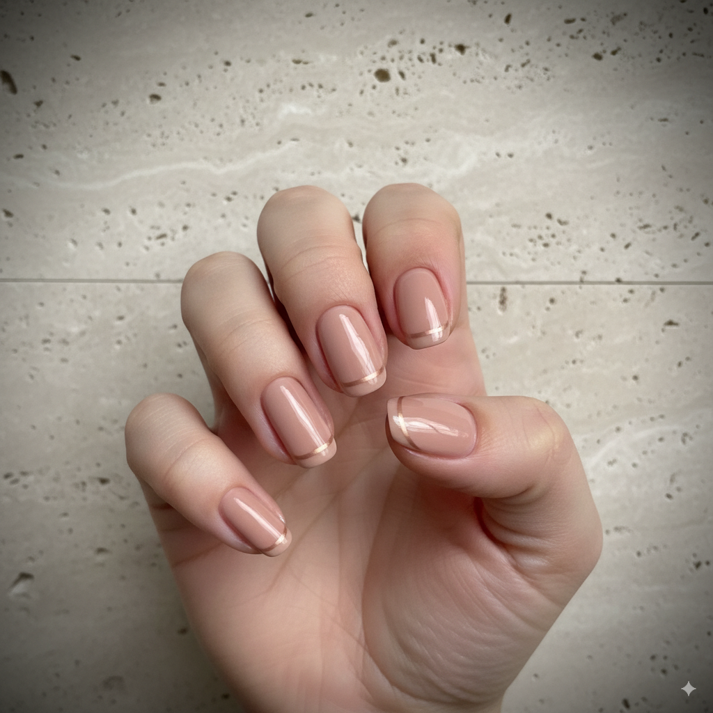 Minimal latte French on Almond nails over travertine