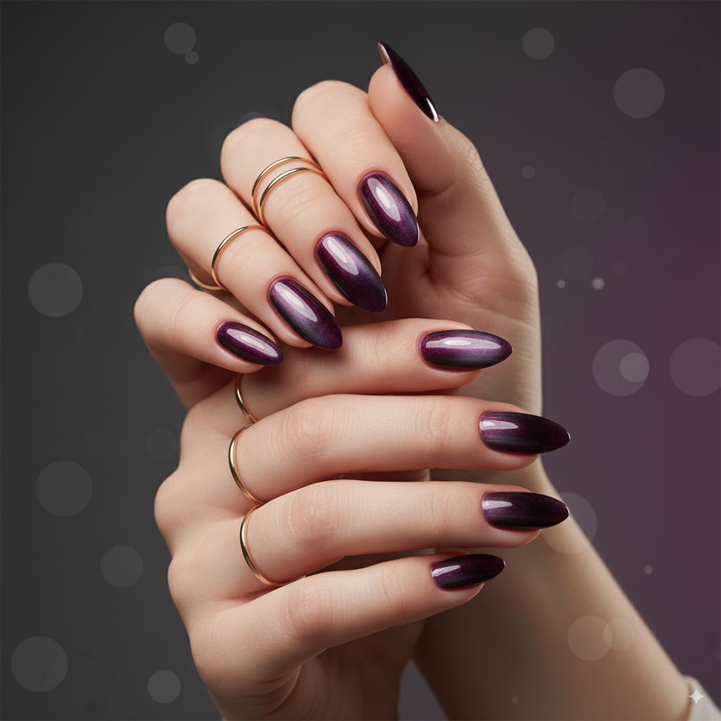 Iced-plum cat-eye Almond nails with gold rings