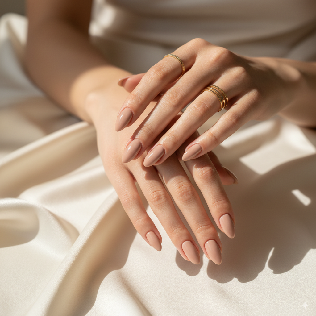 Latte nude Almond nails with gold stacking rings on silk