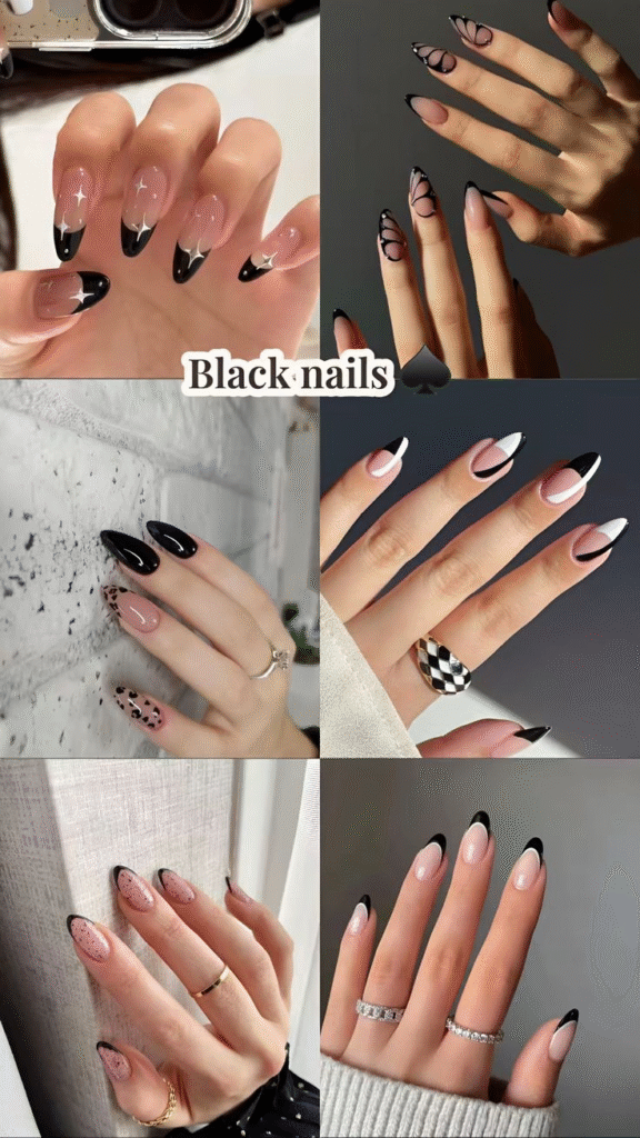 Collage of six black nail designs on nude bases: star-accent black French, graphic swirl tips, solid black with nude and leopard accents, two-tone black-and-white French, speckled nude micro-French, and classic thin black French.