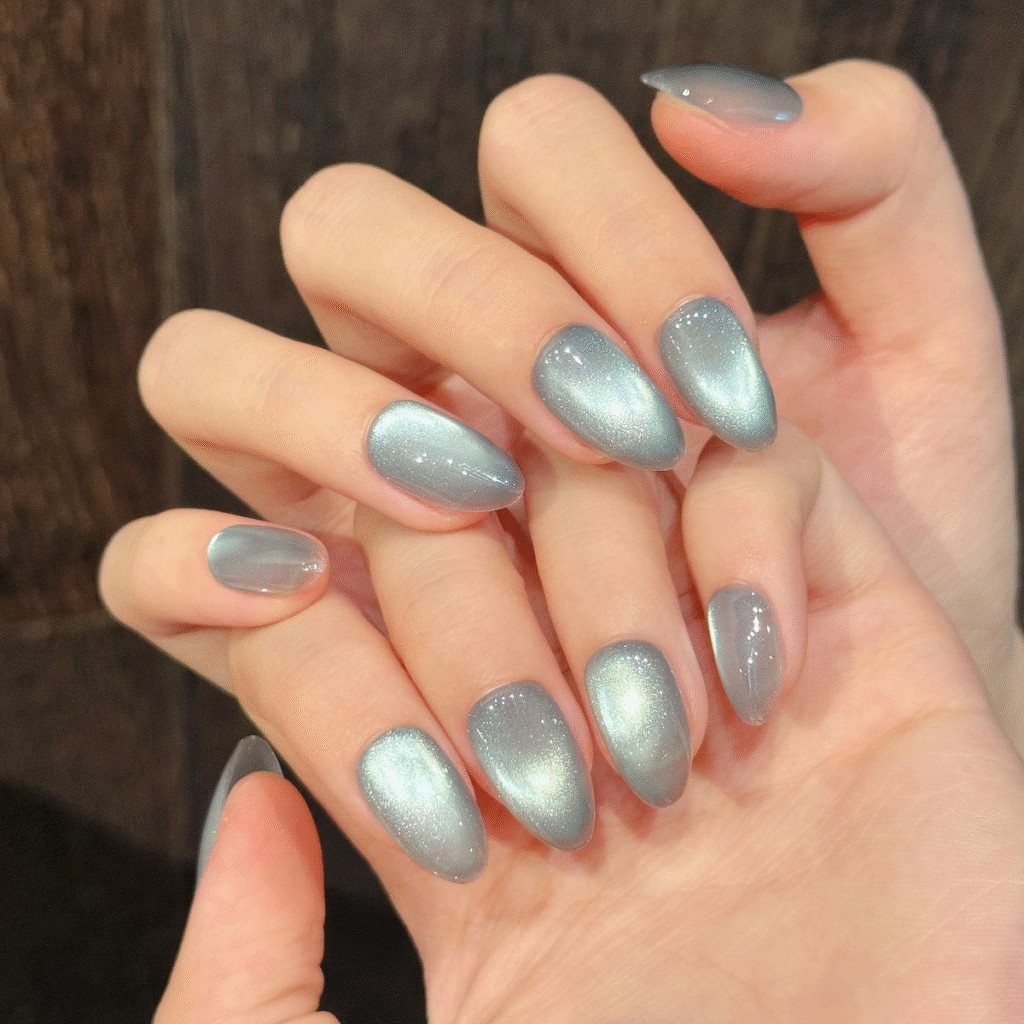Silver grey magnetic velvet nails.