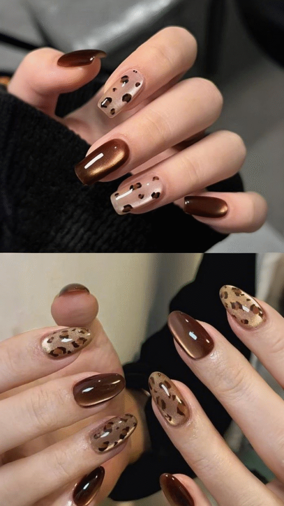 Neutral leopard print with metallic brown cat eye nails—fall manicure idea, wearable glam.